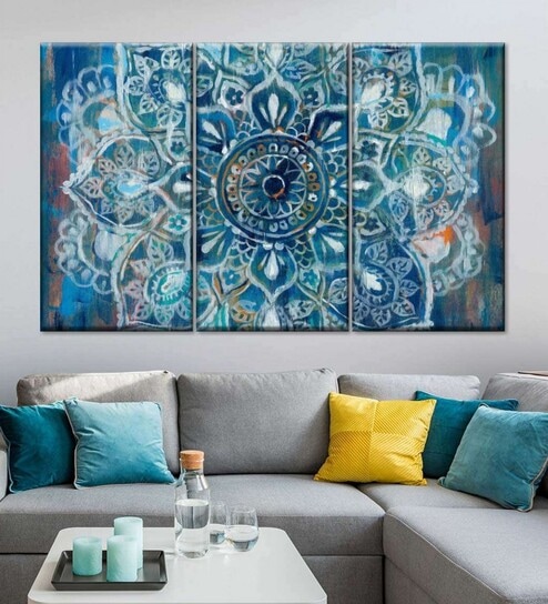 Blue White Mandala In Blue II Printed Framed Wall Art Panels ( Set Of 3)