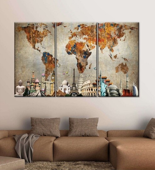 Brown Blue Wonder Of World Map Push Pin Printed Framed Wall Art Panels ( Set Of 3)