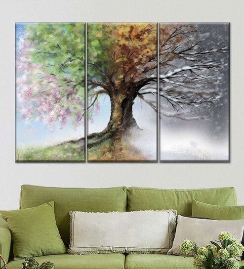 Green Brown Tree With Four Seasons Tree Panels Frame Wall Art Panels ( Set Of 3)