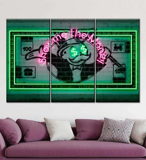 Green Pink Show Me The Money Printed Framed Wall Art Panels ( Set Of 3)