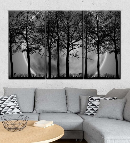Grey Black Dark Forest Printed Framed Wall Art Panels ( Set Of 3)