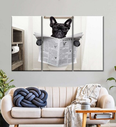 Grey Black Funny Bathroom French Bulldog Printed Framed Wall Art Panels ( Set Of 3)