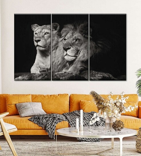 Grey Black Lion And Lioness Mates Printed Framed Wall Art Panels ( Set Of 3)