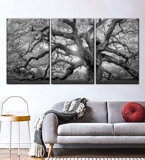 Grey White Monochrome Angel Oak Tree Printed Framed Wall Art Panels ( Set Of 3)