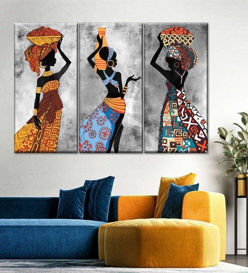 Grey Yellow Ethnic African Woman Printed Wall Art Panels ( Set Of 3)