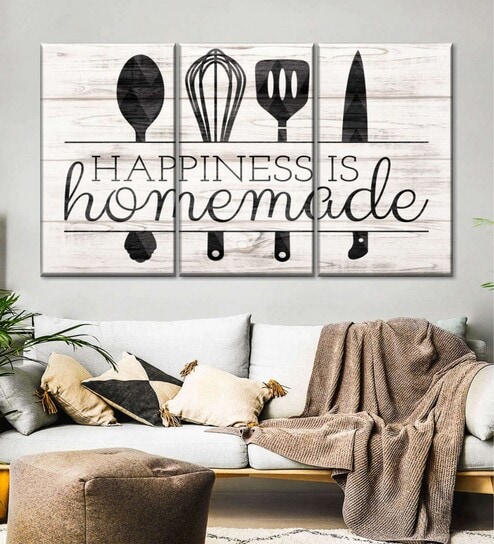 Off- White Black Happiness Is Homemade Kitchen Tools Printed Framed Wall Art Panels ( Set Of 3)