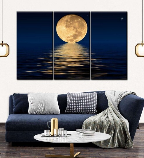 Orange Blue Moon Light Panels Canvas Wall Art Panels ( Set Of 3)