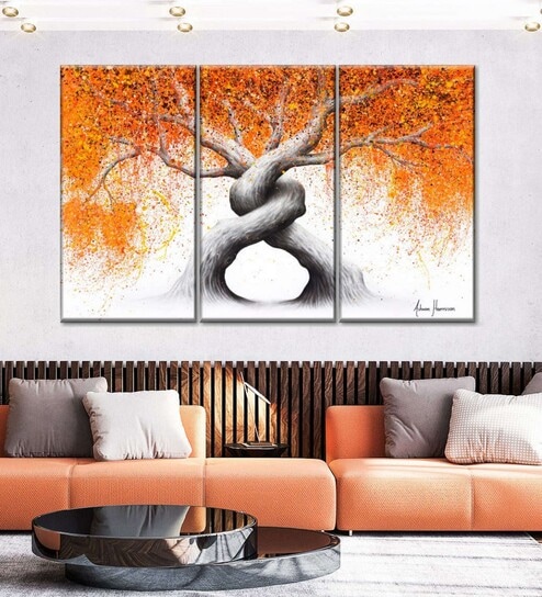Orange Grey Twisting Love Trees Panels Frame Wall Art Panels ( Set Of 3)