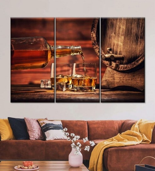 Red Brown Whiskey Glass Printed Framed Wall Art Panels ( Set Of 3)