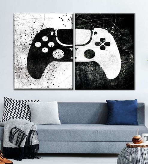 White Black Grunge Game Controller Panels Canvas Wall Art Panels ( Set Of 3)