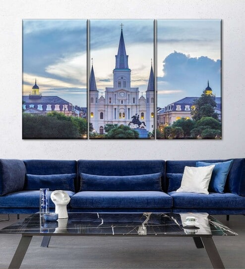 White Blue Palatial St. Louis Cathedral Printed Wall Art Panels ( Set Of 3)