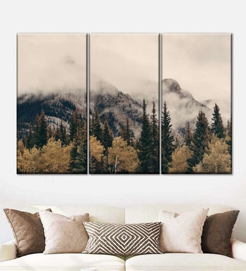 White Green Foggy Banff National Park Wall Art Panels ( Set Of 3)