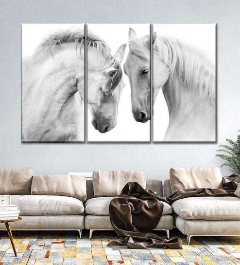 White Horse Couple Printed Canvas Framed Wall Art Panels ( Set Of 3)