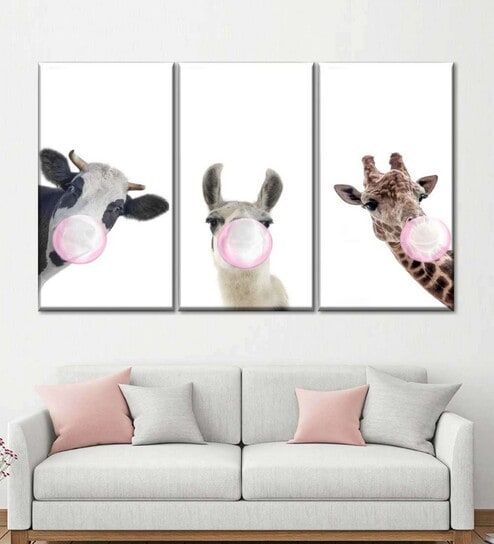 White Silly Bubble Gum Animals Panels Wall Art Panels ( Set Of 3)