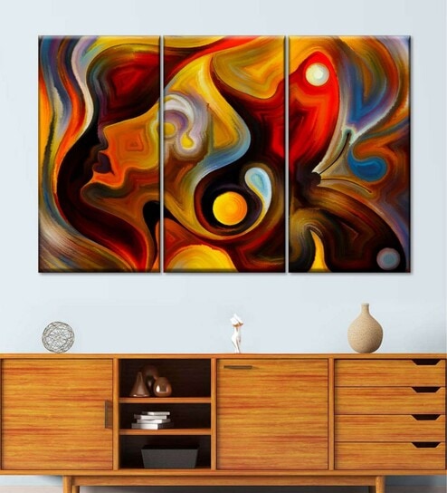 Yellow Red Abstract Portrait Painting Wall Art Panels ( Set Of 3)