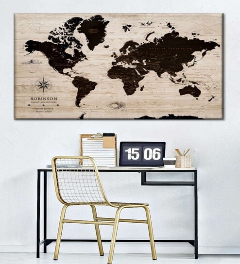 Beige & Black World Map Printed Wall Art