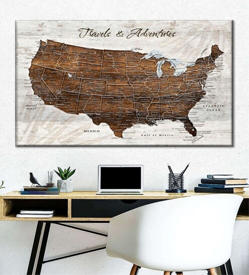 Beige Brown World Map Printed Wall Art