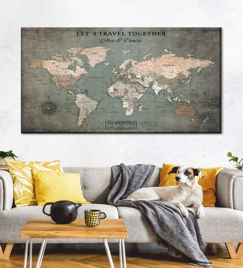 Beige Grey World Map Printed Framed Wall Art