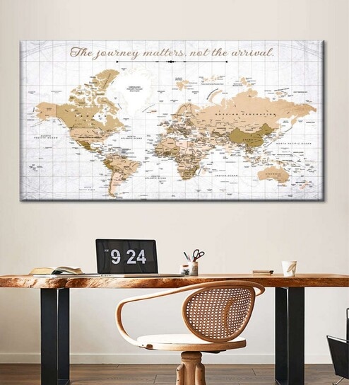 Beige Grey World Map Printed Wall Art