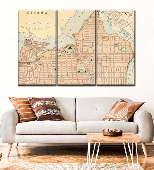 Beige Peach Colored Map Of Ottawa Wall Art Panels ( Set Of 3)