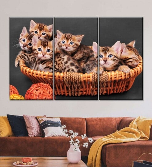 Black Beige Cat Landscape Painting Wall Art Panels ( Set Of 3)