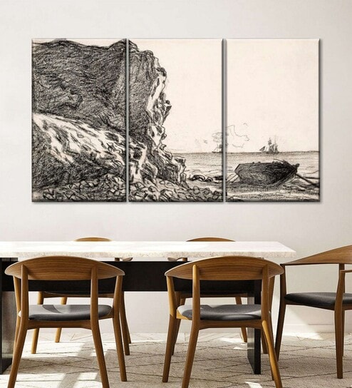Black Beige Cliffs And Sea Sainte-Adresse Painting Wall Art Panels ( Set Of 3)
