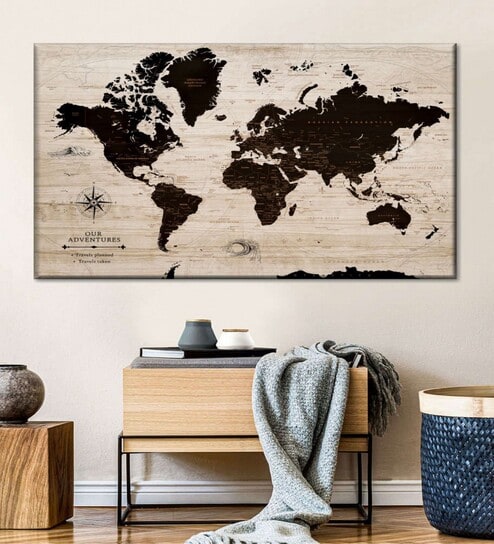 Black Beige World Map Printed Framed Wall Art