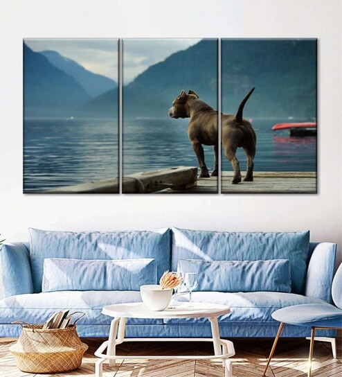Black Blue Pit Bull Painting Wall Art Panels ( Set Of 3)