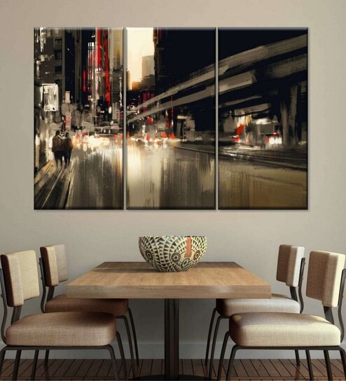 Black Brown City Abstract Painting Wall Art Panels ( Set Of 3)