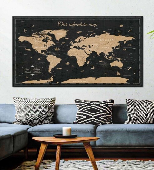 Black Brown World Map Printed Wall Art