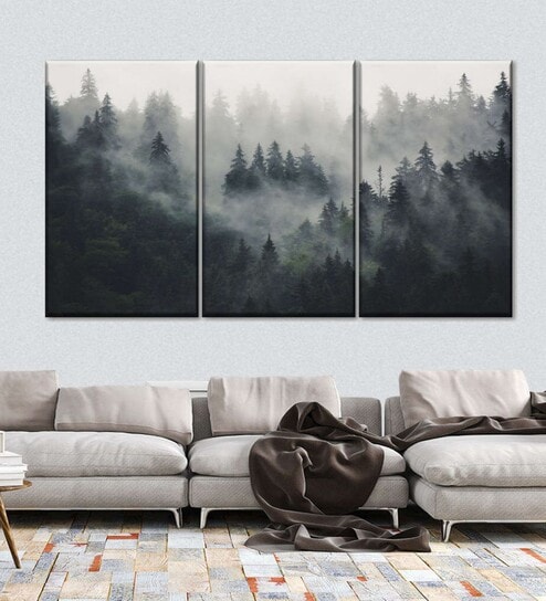 Black Grey Misty Forest Mountain Wall Art Panels ( Set Of 3)