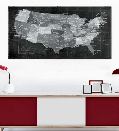 Black Grey World Map Printed Wall Art