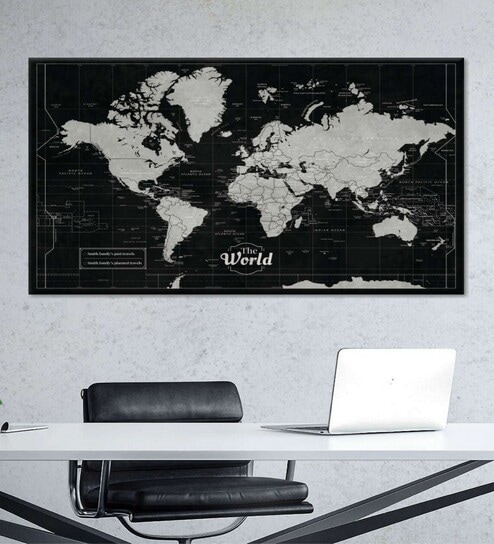Black White World Map Printed Framed Wall Art
