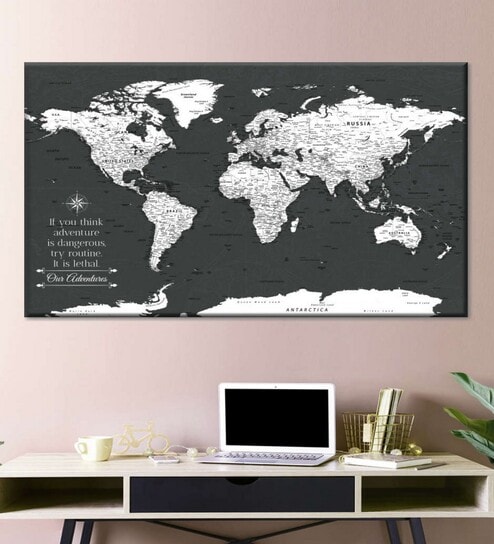 Black White World Map Printed Wall Art