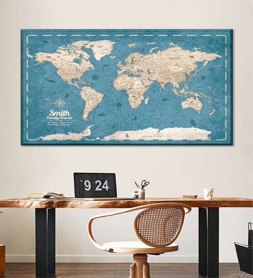Blue & Beige World Map Painting Wall Art