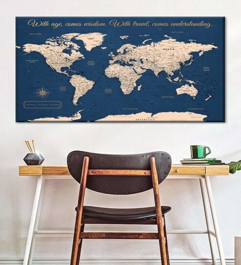 Blue Beige World Map Wall Art