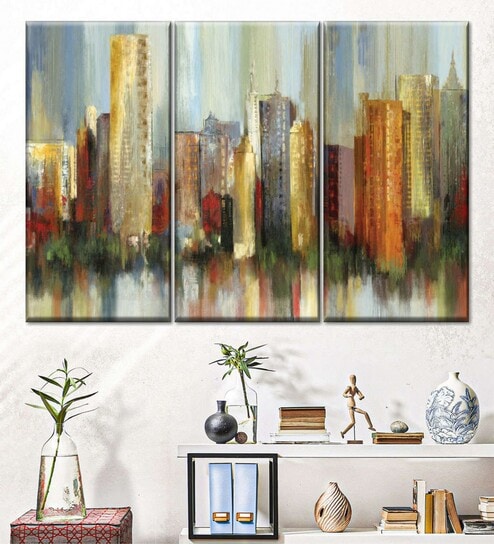 Blue Green Metropolis Painting Wall Art Panels ( Set Of 3)