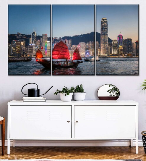 Blue Green Victoria Harbor Painting Wall Art Panels ( Set Of 3)