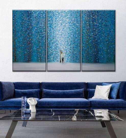 Blue Grey Night Rain Wall Art Panels ( Set Of 3)