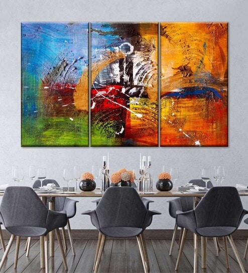 Blue Mustard Yellow Colorful Abstract Painting Wall Art Panels ( Set Of 3)