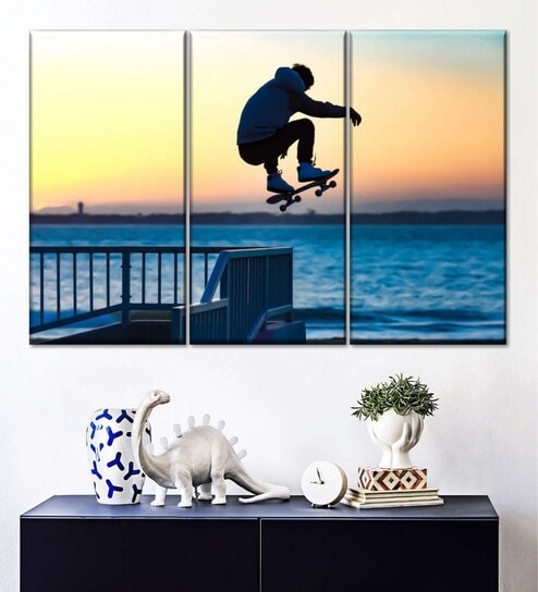 Blue Orange Colored Beachside Skateboard Jump Wall Art Panels ( Set Of 3)