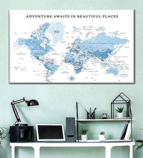 Blue White World Map Wall Art