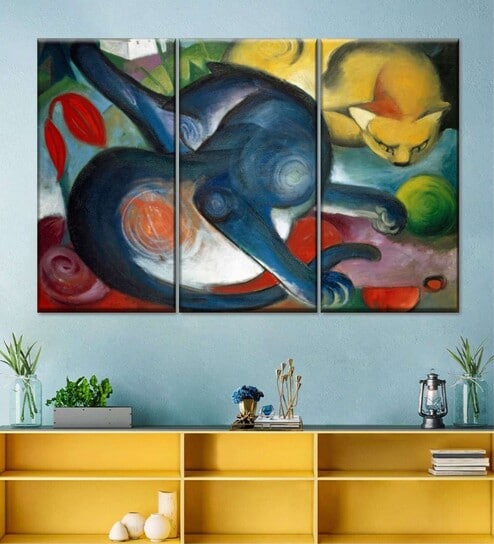 Blue Yellow Abstract Printed Framed Wall Painting ( Set Of 3)