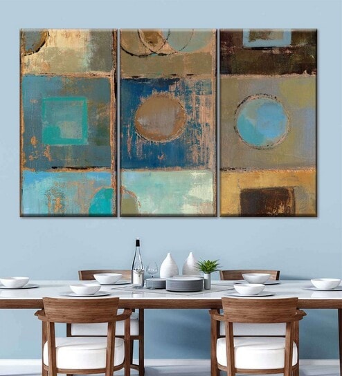 Blue Pass Way III Abstract Printed Framed Wall Painting ( Set Of 3)