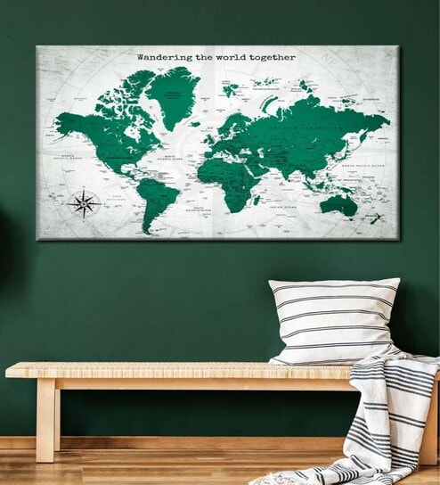 Green & White World Map Painting Wall Art