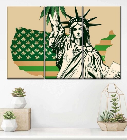 Green Beige US Flag Painting Wall Art Panels ( Set Of 3)