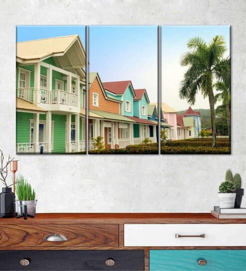 Green Blue Caribbean Tropical Houses Painting Wall Art Panels ( Set Of 3)