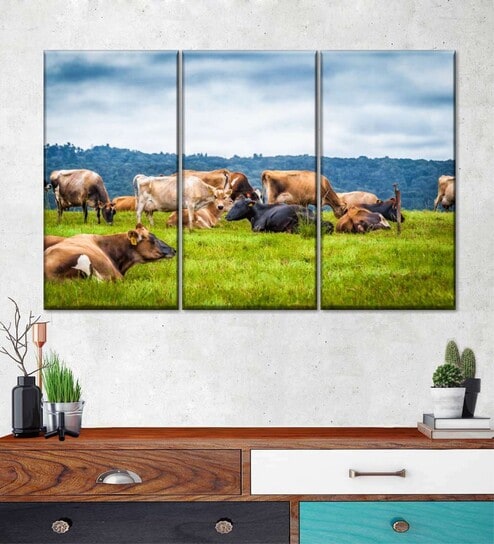 Green Blue Cow Gathering Painting Wall Art Panels ( Set Of 3)