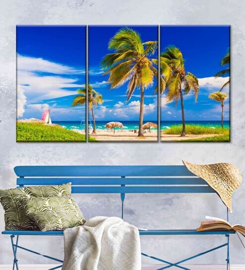 Green Blue Varadero Beach Cuba Painting Wall Art Panels ( Set Of 3)