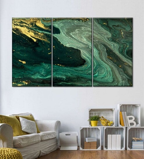 Green Gold Toned Abstract Painting Wall Art Panels ( Set Of 3)